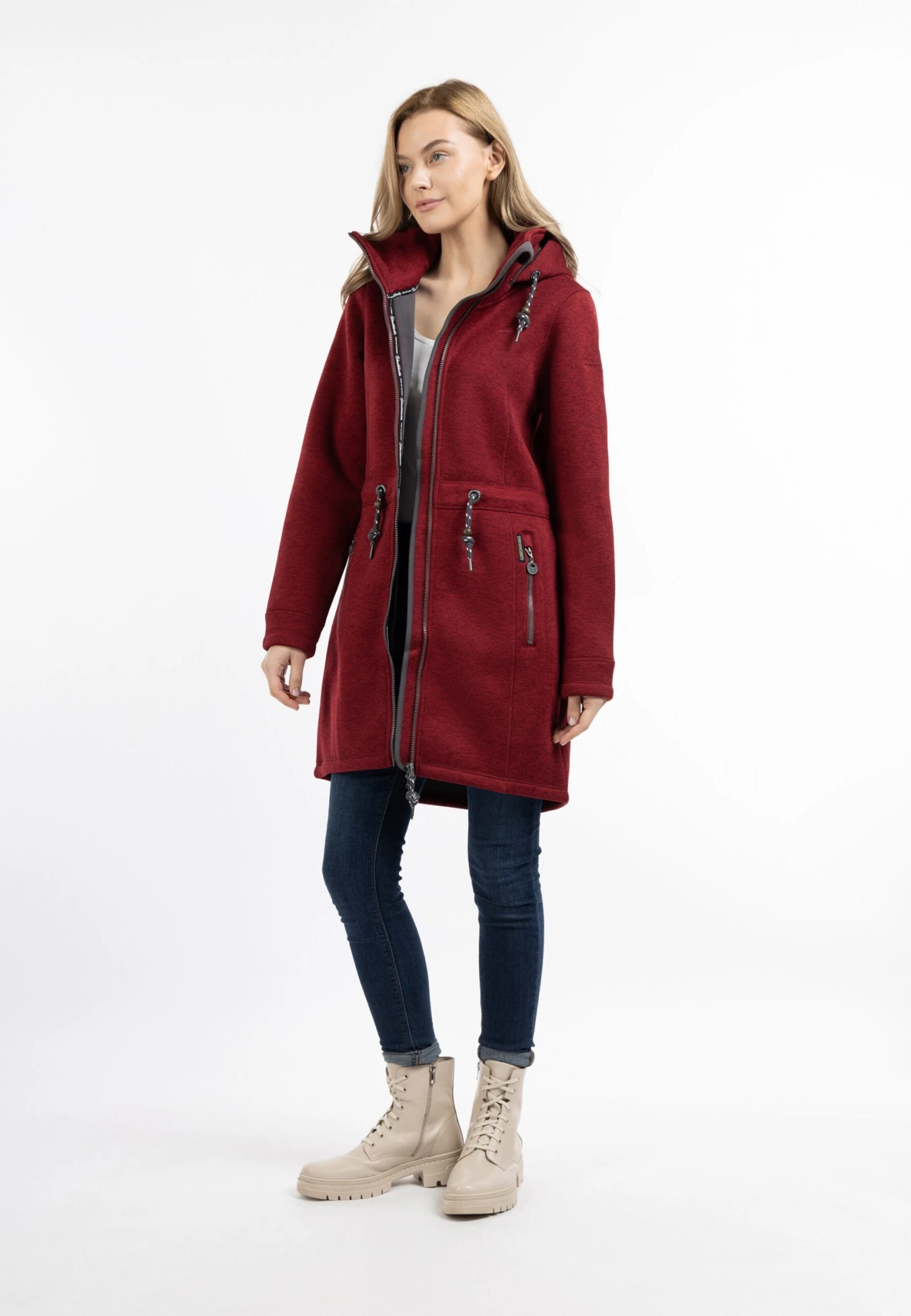 Schmuddelwedda Lange Vesten Gebreide Mantel Dames Donkerrood 6 Schmuddelwedda Lange Vesten Gebreide Mantel Dames Donkerrood - Afbeelding 4